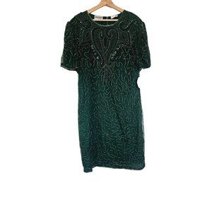 Vintage‎ Silk Green Beaded Shift Dress short sleeve Size 16 Silky Nites New